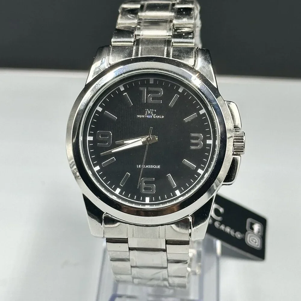 Montres Carlo Watch Men Silver Tone Black Dial Round 43MM New Battery 8.25